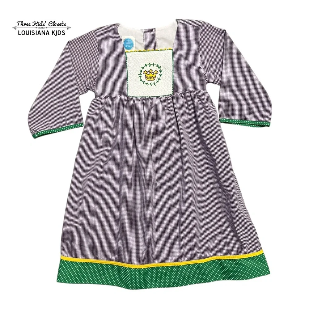 Krewe Kids 5Y Mardi Gras Embroidered Purple Gingham Dress